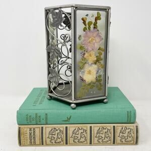 Vintage 1990s Pressed Flowers Metal Ivy Candle Holder